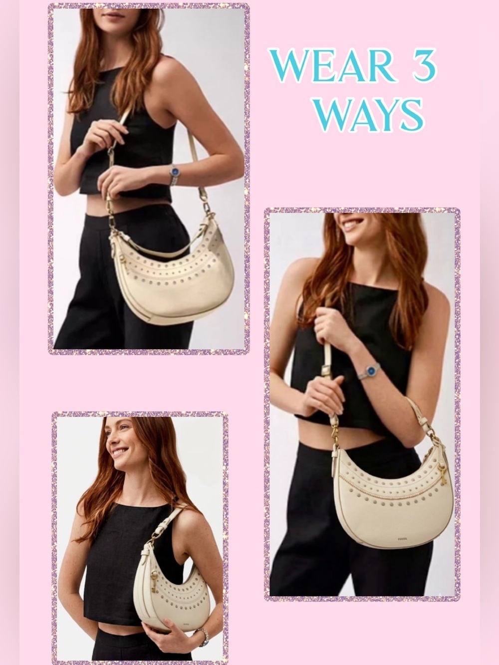 NWT Fossil Shae Leather Crescent Shoulder | Arm | Cross-Body Bag Cream - Picture 2 of 16